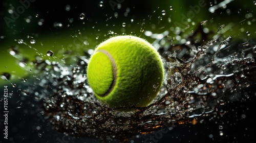 Tennis ball in motion with water drops, bouncing on green sport filed over dark background. Sport, wallpaper, tournament © master1305
