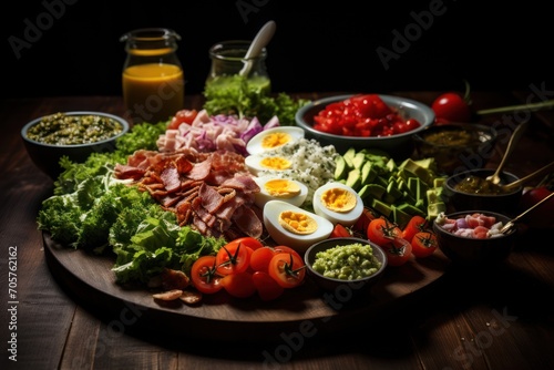  a wooden platter filled with lots of food on top of a wooden table next to a bottle of orange juice and a glass of orange juice on the side.