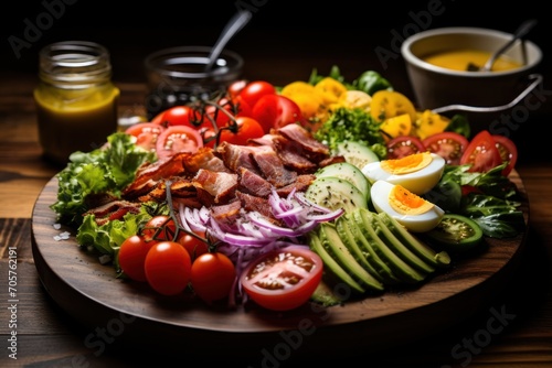  a close up of a plate of food with tomatoes, avocado, eggs, bacon, tomatoes, and lettuce on a wooden table with a cup of mustard.