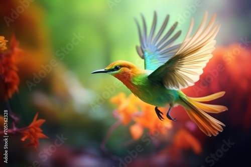  a bird that is flying in the air with its wings wide open and it's wings are spread wide and there is a blurry background of orange and green and yellow flowers.