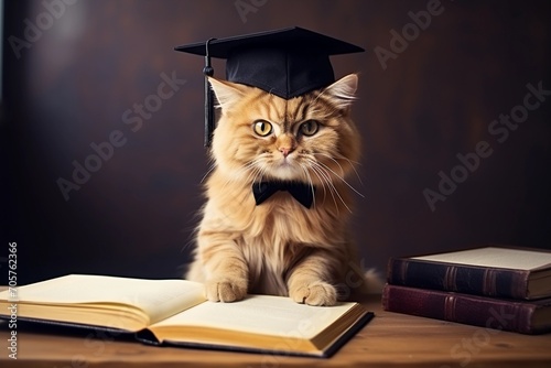 Ginger fluffy cat in graduate hat and bow tie reading a book on dark background