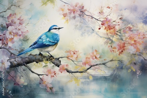  a painting of a blue bird perched on a branch of a tree with pink flowers in the foreground and a body of water in the background with a bridge in the background. © Nadia