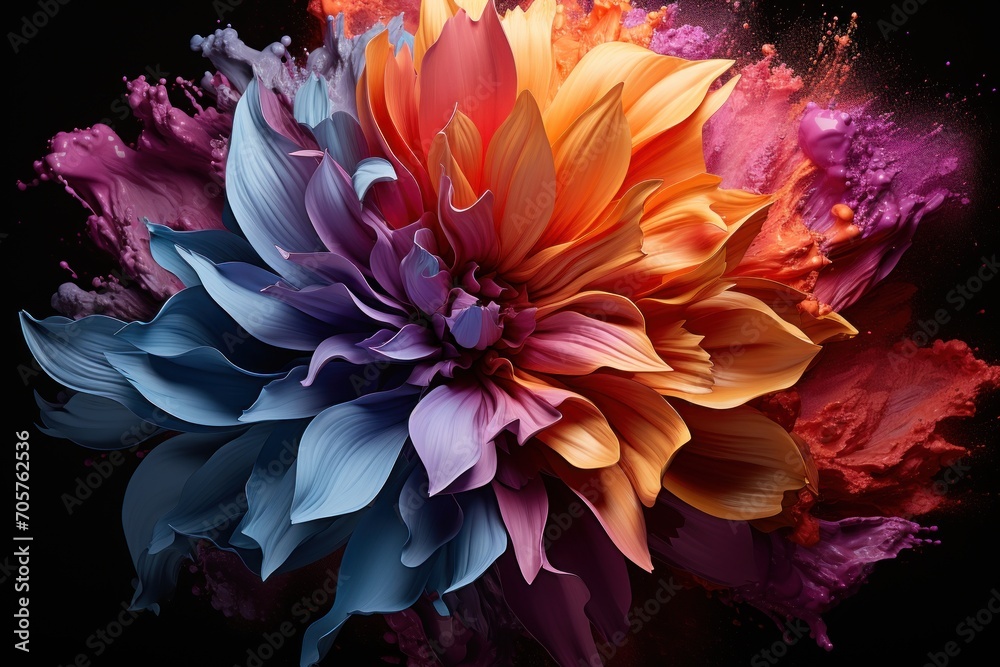  a multicolored flower on a black background with a splash of red, orange, blue, and pink on the petals and the petals of it's petals.