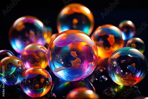  a group of soap bubbles sitting on top of a black counter top covered in multicolored bubbles of different shapes and sizes, all on a black surface with a black background.