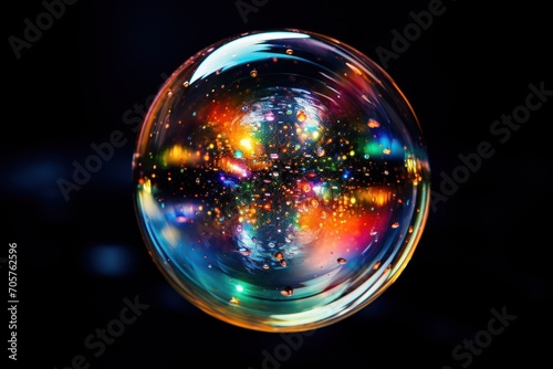  a close up of a soap bubble with a cross in the middle of the bubble and multicolored bubbles in the middle of the bubble, on a black background. © Nadia