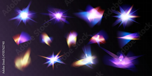  Light star crystal shiny hologram bokeh. Set of transparent color effects. 