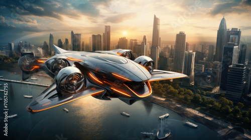 Flying taxi or Car-drone above city and river