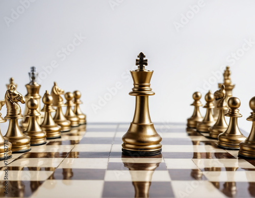 The Golden king chess piece standing on chessboard in front of silver chess pieces on white background with copy space. Leadership, fighter, competition, confrontation, and business strategy concept. 