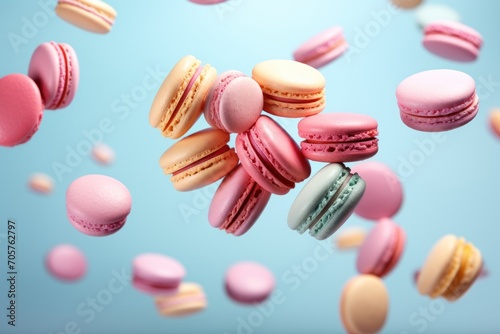  a group of macaroons flying in the air with pink and yellow macaroons in the air in front of the macaroons on a blue background.