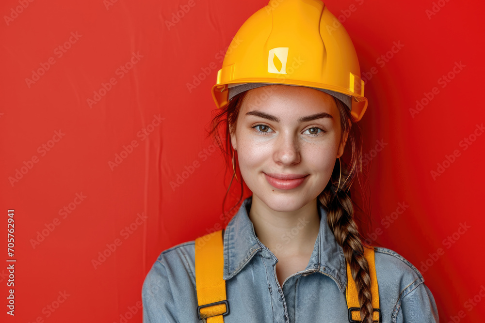 Portrait of a girl in yellow construction paint on a coloured background Portrait of a girl in yellow construction paint on a coloured background