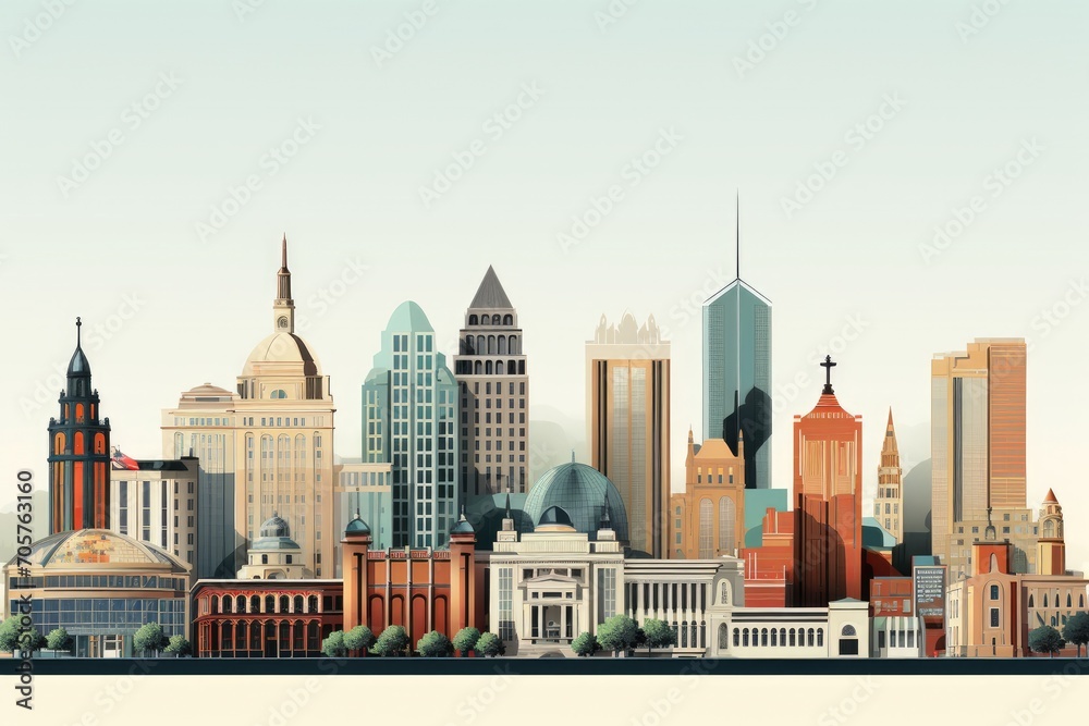 Fototapeta premium This vibrant artwork showcases a citys urban skyline filled with towering buildings., A skyline featuring modern and classical architectural styles, AI Generated