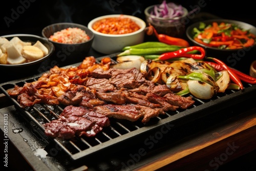 Indulge in a mouthwatering grilled BBQ feast with a delectable assortment of meat, vegetables, and savory sauces sizzling on the barbecue., A sizzling griddle with Korean BBQ ingredients, AI Generated