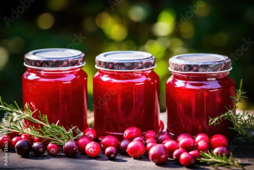  three jars filled with cranberry sauce sitting on top of a table next to fresh cranberries and a sprig of rosemary on a wooden table.