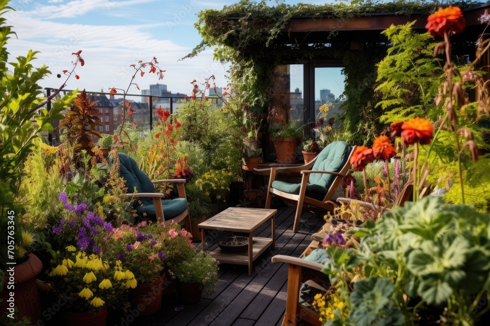 A balcony adorned with an array of plants and plenty of chairs for relaxation and enjoyment., A small urban rooftop garden with a variety of plants and flowers, AI Generated