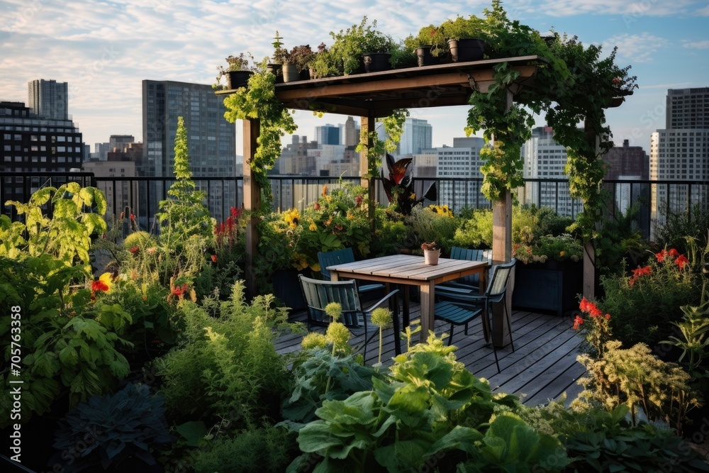 This image showcases a wooden deck adorned with plants, featuring a table and chairs for outdoor dining., A small urban rooftop garden with a variety of plants and flowers, AI Generated