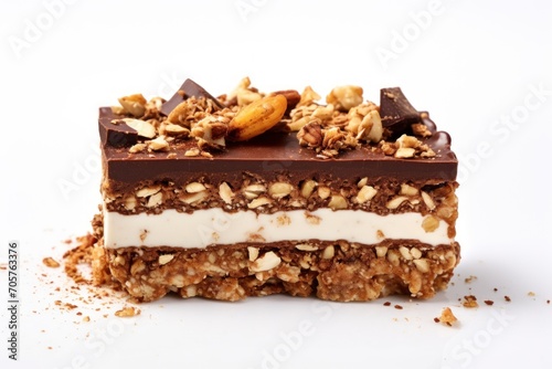  a close up of a piece of cake with nuts and chocolate on a white background with a bite taken out of one of the cake and the rest of the rest of the cake.