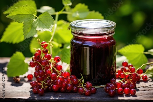  a jar of jam sitting on top of a wooden table next to a bunch of grapes and a bunch of green leaves on top of a wooden table next to a bush.