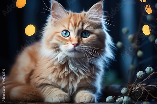  a close up of a cat on a table with a blurry background and a christmas tree with lights in the background and a blue eyed cat looking at the camera.