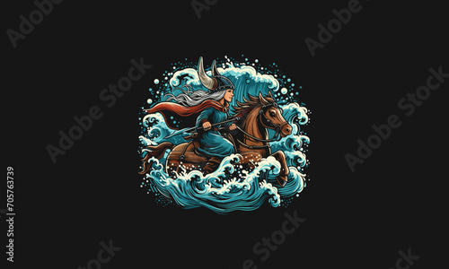 women wearing viking hat riding horse vector artwork design