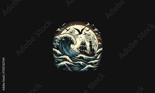 ship and lighthouse on sea vector artwork design