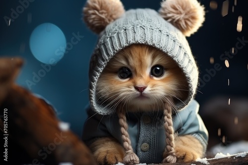  a small kitten wearing a sweater and a knitted hat with pom poms on it's ears, sitting on a log in the snow covered ground. photo