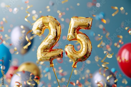 25. Geburtstag, "25" aus goldenen Heliumballons, festlicher Hintergrund