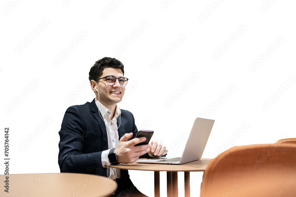 A business man manager in a suit uses a laptop computer workplace in the office, a positive person. Transparent background. A business man manager in a suit uses a laptop computer workplace in the office, a positive person. Transparent background.