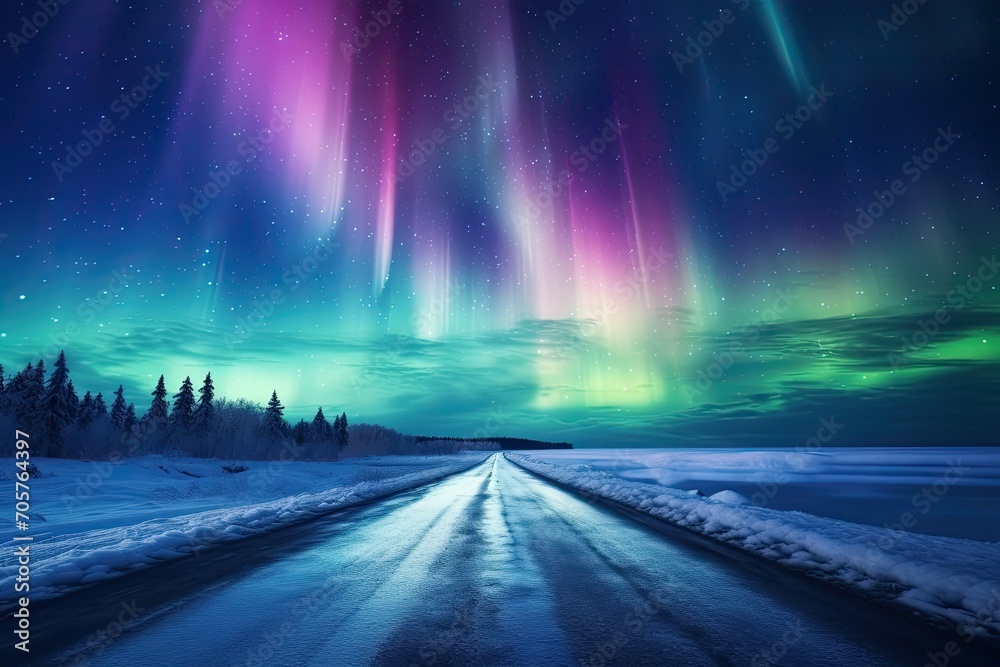 empty road with aurora borealis colorful sky