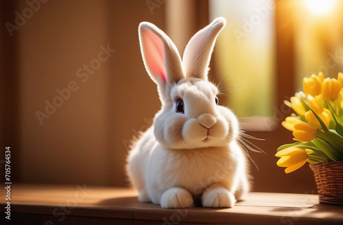 Easter - Cute Bunny With Decorated Eggs And Flowers