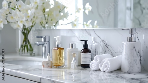 Luxury bathroom with lotions and neatly folded white towels