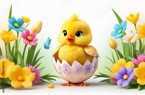Yellow Easter chick and Easter egg, spring flowers