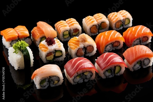  a close up of sushi on a black surface with a reflection in the middle of the sushi and the rest of the sushi on the rest of the rest of the sushi.