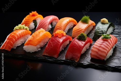  a close up of a plate of sushi with different types of sushi and sauces on the top of the sushi and on the side of the rest of the sushi.