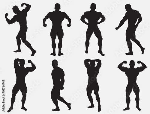 Muscular bodybuilder vector silhouette illustration isolated on white background. Sport man strong arms show in different pose. Body builder athlete showing muscles. 