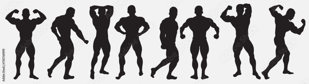 Muscular bodybuilder vector silhouette illustration isolated on white background. Sport man strong arms show in different pose. Body builder athlete showing muscles. 
