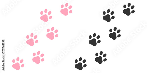 Animal pink paw footprint trail print, Cat, Dog, puppy silhouette animal diagonal tracks, design for prints.