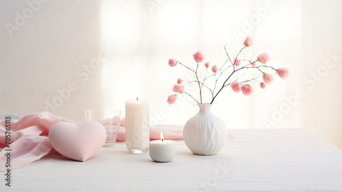 Minimalist Valentine s Day Composition with Heart-Shaped Decorations and Soft Natural Light.