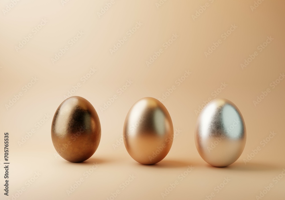 3D three metallic eggs in a row. Golden, Silver and Bronze Concept. Minimal 3D Pastel background with copy space. 3D three metallic eggs in a row. Golden, Silver and Bronze Concept. Minimal 3D Pastel background with copy space.