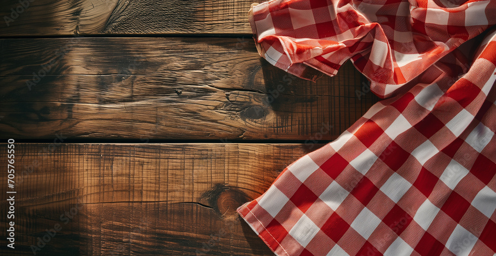 Top view of red checkered tablecloth on blank empty wooden table background banner, food concept - obrazy, fototapety, plakaty 