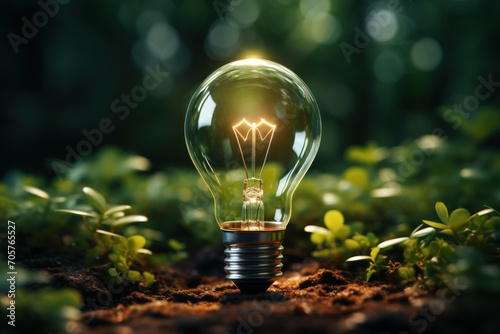  a light bulb sitting on top of a patch of dirt in front of a green leafy forest filled with lots of small trees and bushes, with green leaves, on a sunny day.