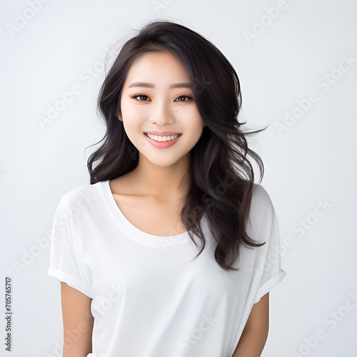 young happy asian woman posing and looking in camera,white background