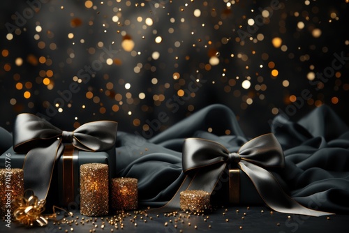  a group of gold and black gift boxes with a bow on a black background with gold confetti and a black cloth with a lot of gold confetti.
