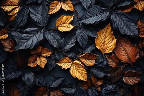  a bunch of leaves that are next to each other on a black surface with yellow and brown leaves on the top 