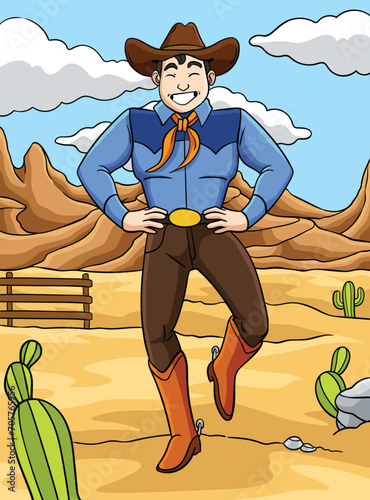 Cowboy Dance Colored Cartoon Illustration