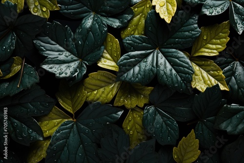  a close up of a bunch of leaves with drops of water on them and green leaves with yellow and green leaves with green leaves with water drops of water on them.