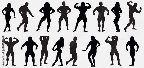 Male and female bodybuilder silhouette. Silhouette of competitive men and women. 