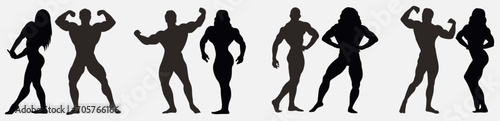 Male and female bodybuilder silhouette. Silhouette of competitive men and women. 