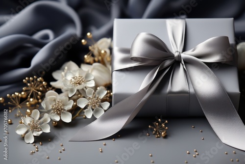  a silver gift box with a silver ribbon and some white flowers on a gray background with a silver satin ribbon and some gold and white flowers on a gray background. © Nadia