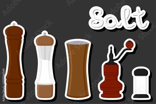 Illustration on theme big set different types ware filled salt for organic cooking
