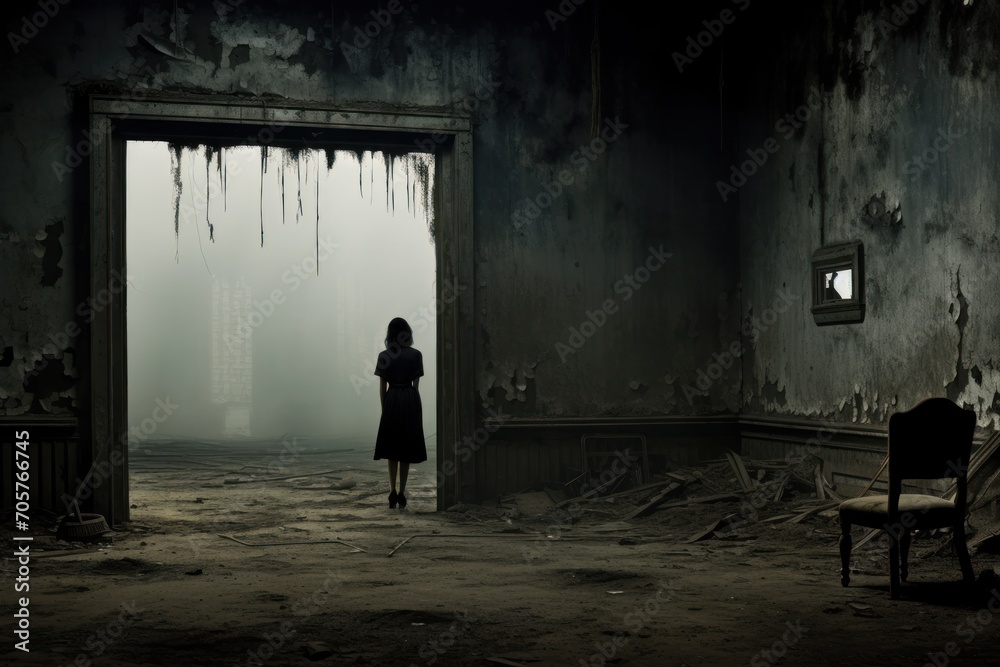  a woman standing in a dark room in front of an open door with icicles hanging from the ceiling and a chair to the side of the room in front of the room. - obrazy, fototapety, plakaty 